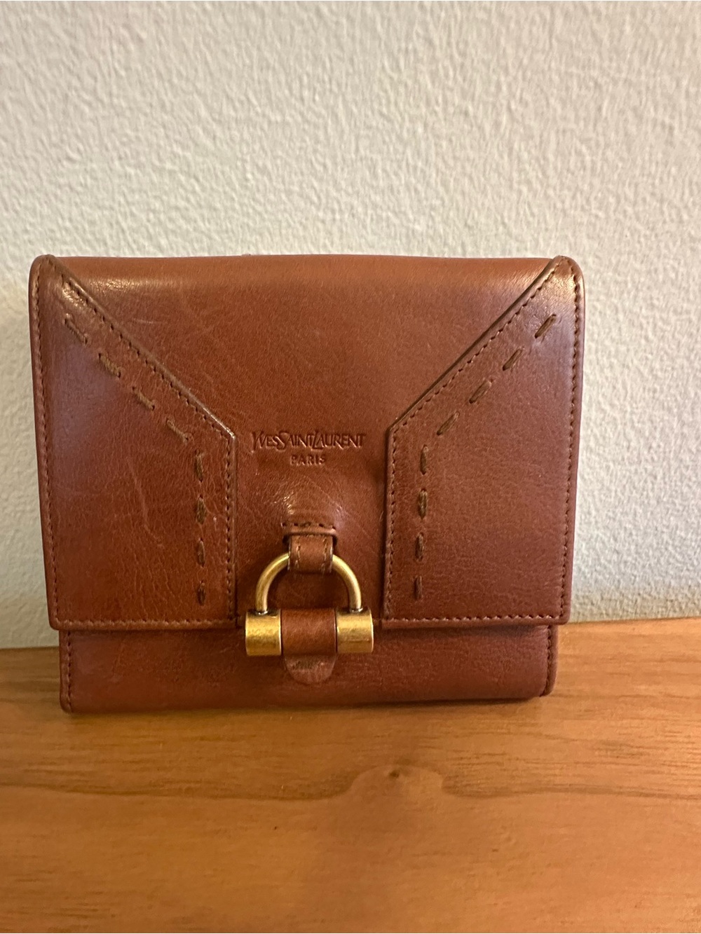 Yves Saint Laurent Cognac Leather Wallet with Gold Ring Accent